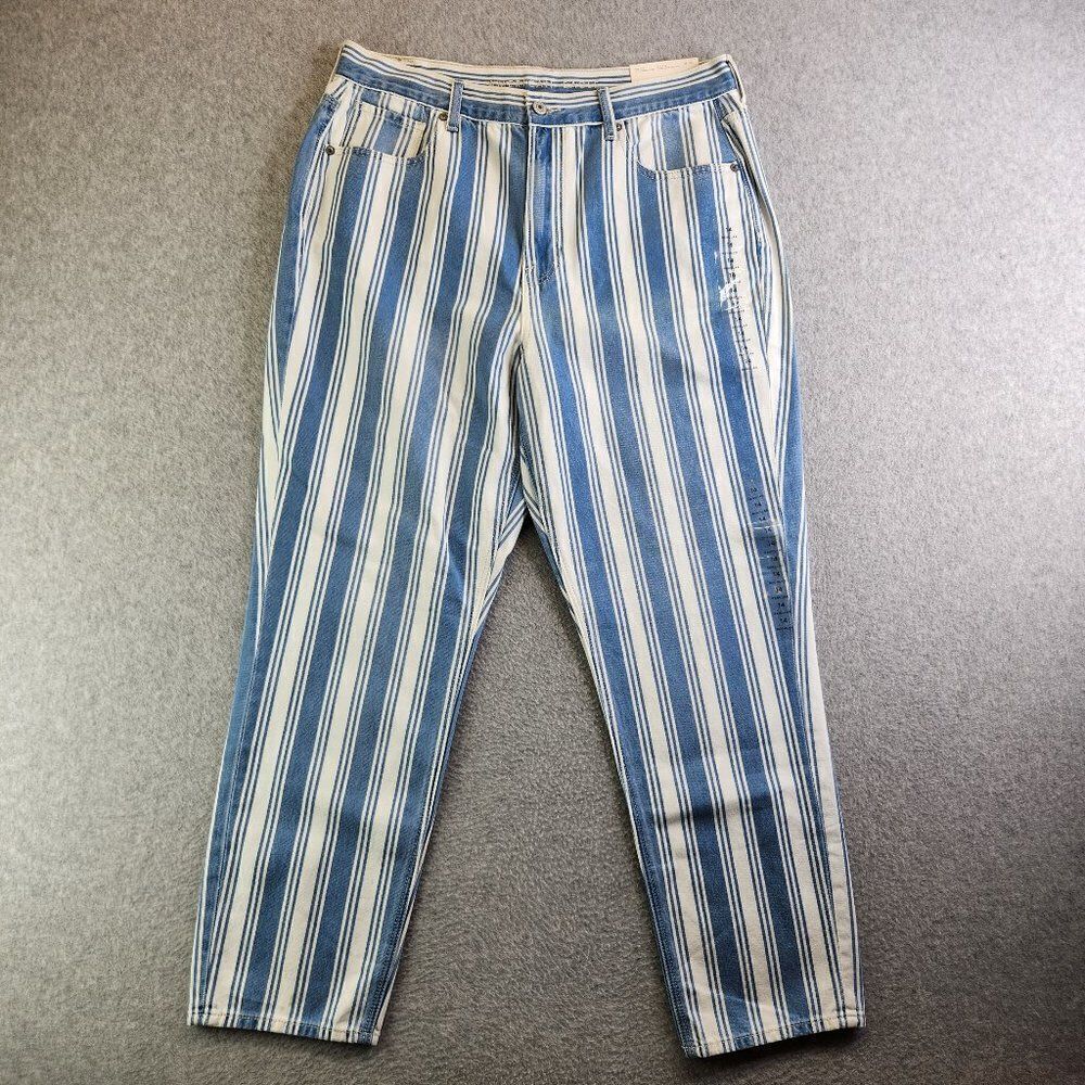American Eagle Mom Jeans Womens 14 Blue Striped High Waisted Tapered Leg NWT